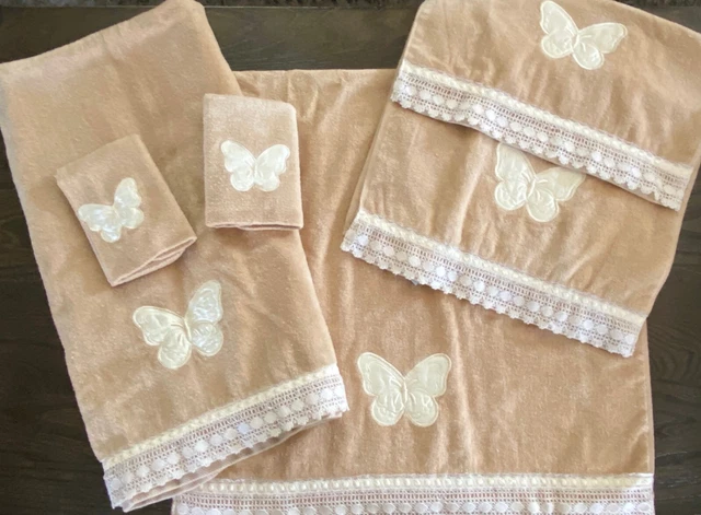 Vtg Saturday Knight Ltd 6pc Bath/Hand Towel Set BUTTERFLY&LACE Beige&Cream Satin