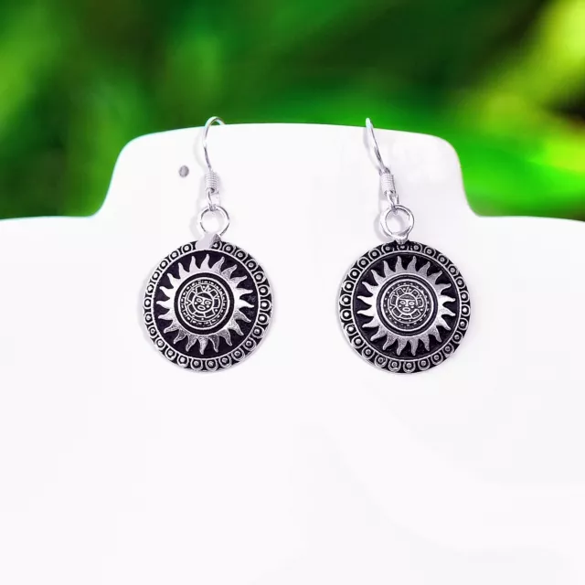 Artisan Silver Sun and Aztec Calendar Earrings from Taxco Mexico