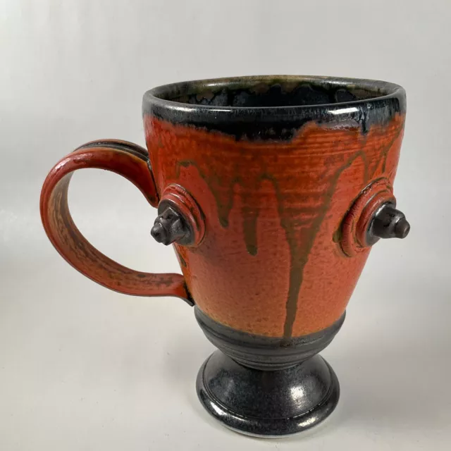 Brutalist Art Pottery Nuts & Bolts Coffee Mug Brown Drip Glaze Signed T Trarer