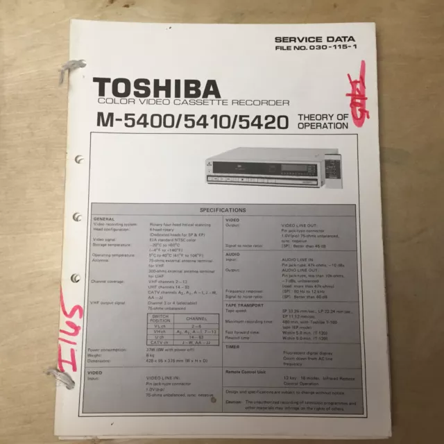 Toshiba Service Manual for the M 5400 5410 5420 VCR Video Cassette Recorder