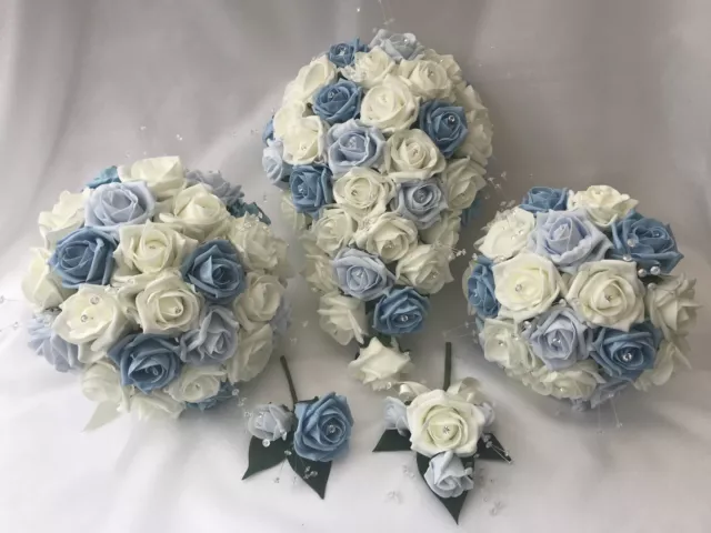 Bouquet Fiori Matrimonio Avorio Rosa Blu Sposa Damigella d'Onore Posy Bacchetta Fiori-Ragazza