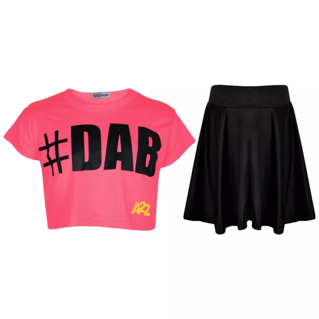 Kids Girls Crop Top #DAB Neon Pink Trendy Floss Fashion Tees & Skirt Set 5-13 Yr