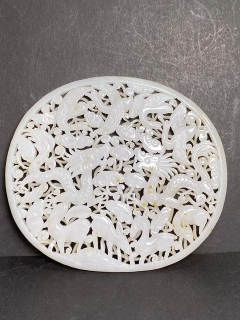 Chinese Exquisite Handmade Dragon Phoenix carving Hetian Jade Statue Pendant