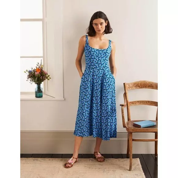 BODEN Bright Blue Petronella Moroccan Flamingo Bird Print Jersey MIDI Dress 18