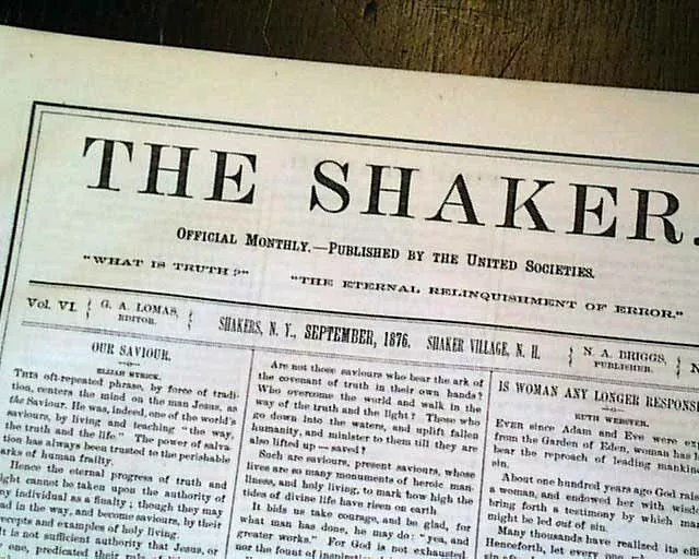 Rare SHAKERS VILLAGE New Hampshire NH New York 1876 Newspaper Magazine