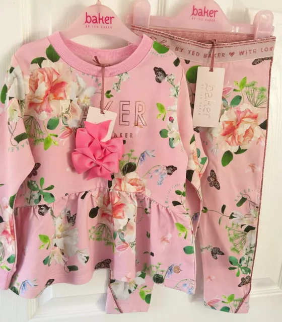 Ted Baker nuovo con etichette 3-4 anni ragazze rosa set floreale abito bambino camicia legging fiocco nuovo