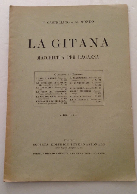 Vecchio spartito La Gitana Macchietta per ragazza F. Castellino e M. Mondo  1927