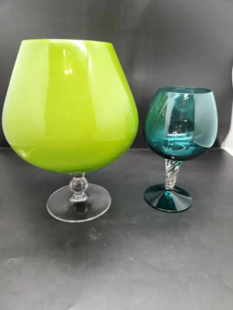 Vintage Italian Empoli Large Brandy Glass - Lime Green Cased Glass Vase + Teal