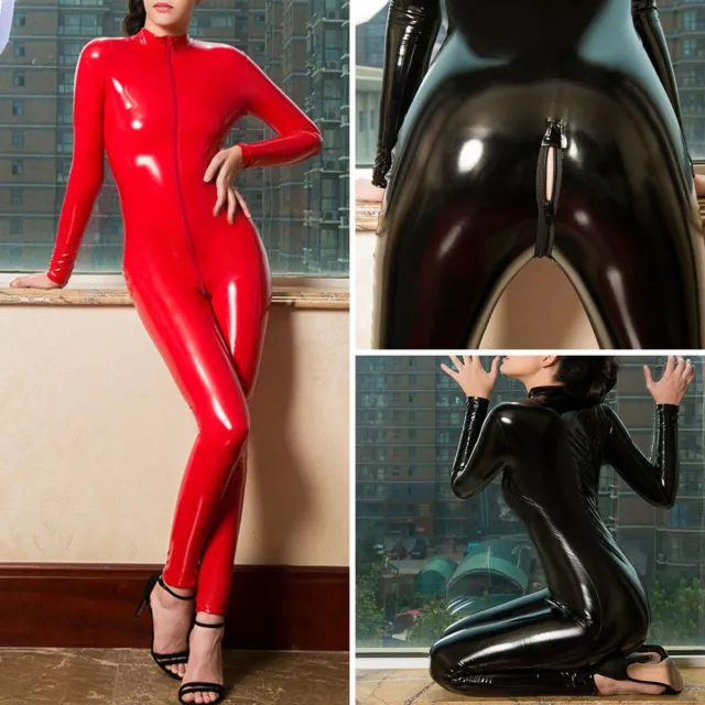 Damen Latex Leder Glänzend Bodysuit Zipper Schritt offen Catsuit Overall Dessous