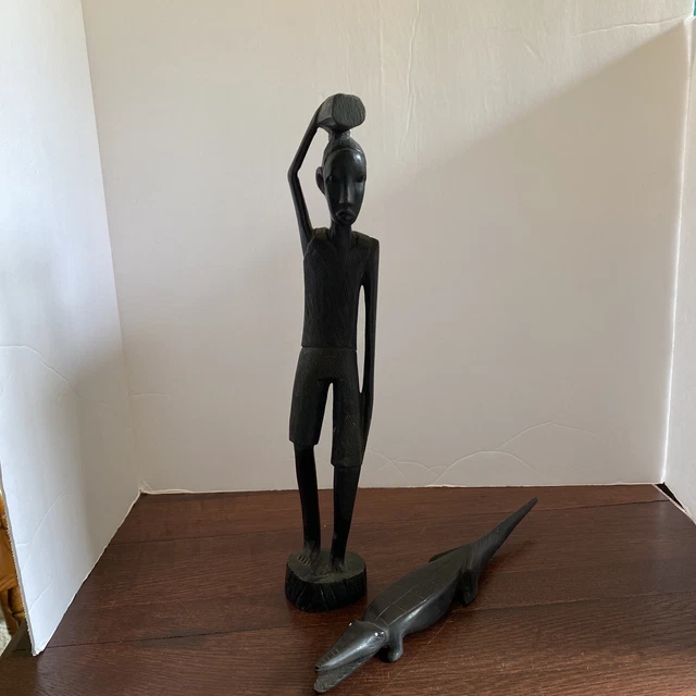 Lot of 2 Hand Carved Wooden African Man In Tanzania And Crocodile In Tanganyika