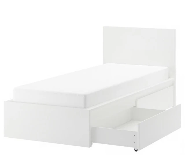 IKEA MALM WHITE High Bed Frame with 2 Storage Drawers - Standard Single ...