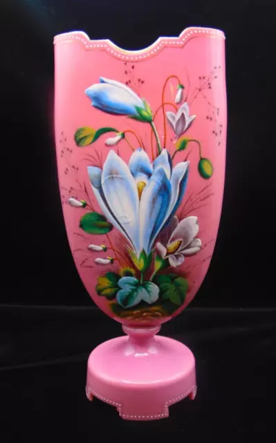 12" Harrach Pink Victorian Bohemian Hand Painted Enamel CROCUS Art Glass Vase