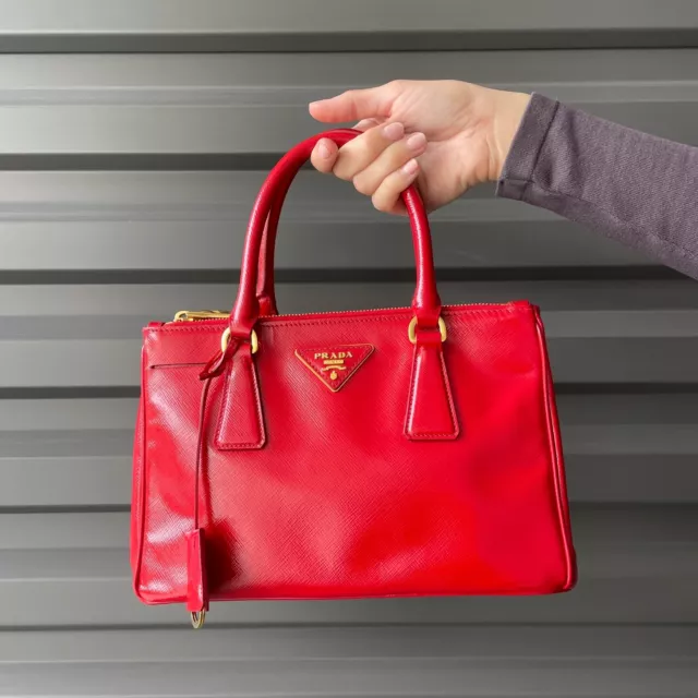 PRADA Red Patent Vernice Saffiano Lux Leather Gold Hardware Small Tote