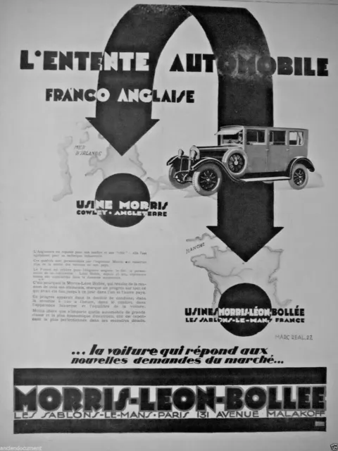 Publicité 1927 Morris Leon Bollee L'entente Automobile Franco Anglaise - M.real