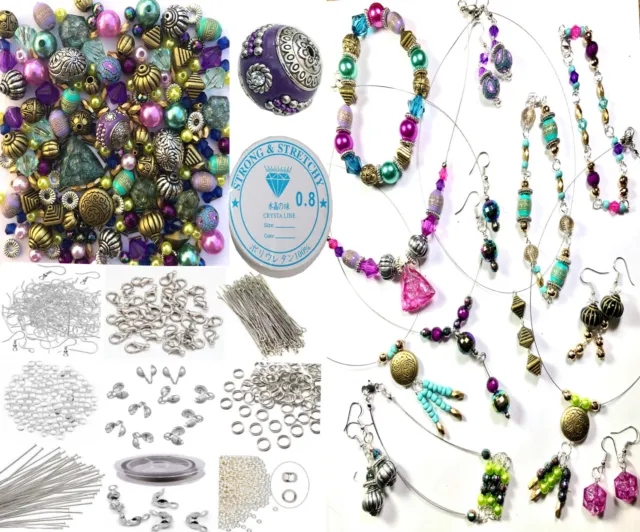 80g Mixed Jewellery Beads & Silver Nickel Free Findings, Tigar Wire, Elastic