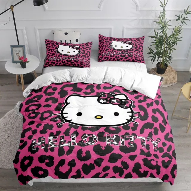 Leopard Print Hello Kitty Duvet Quilt Cover Single Double Bedding Set Pillowcase