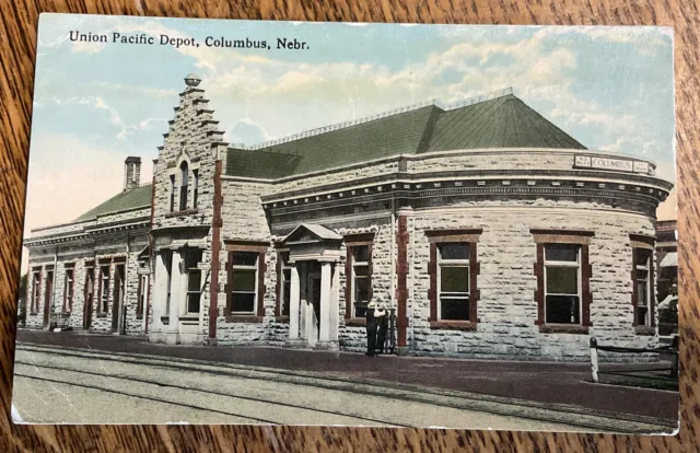 1916 Postcard Union Pacific RR Depot Columbus Nebraska Posted