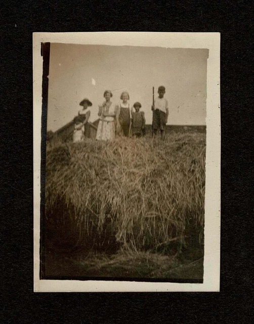 Rustic Farm Scene Family Atop Hay Harvest Old/Vintage Photo Snapshot- C857
