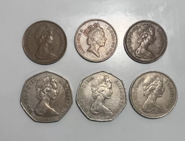 Lot of 6 1968-1989 Queen Elizabeth II New Pence Coins (3) 2 / (2) 50 /(1) 10 Vtg