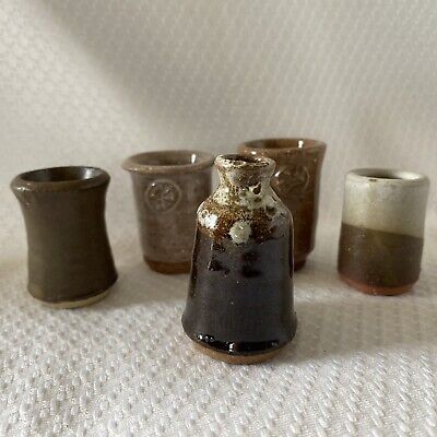 Lot 5 Pottery Art Stoneware Miniature Mini Vase Tumblers Brown 1.5 - 2" Rustic