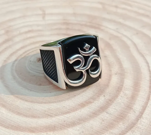 OHM AUM Hindu Religious Mens Ring Black Onyx 925 Sterling Silver Handmade Gift
