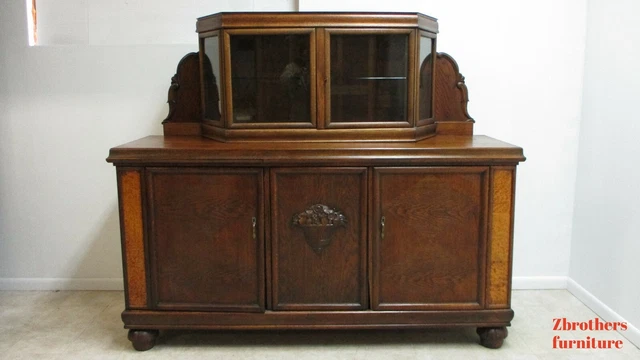 Antique Oak French Sideboard Hutch Cabinet Breakfront European Burl Wood