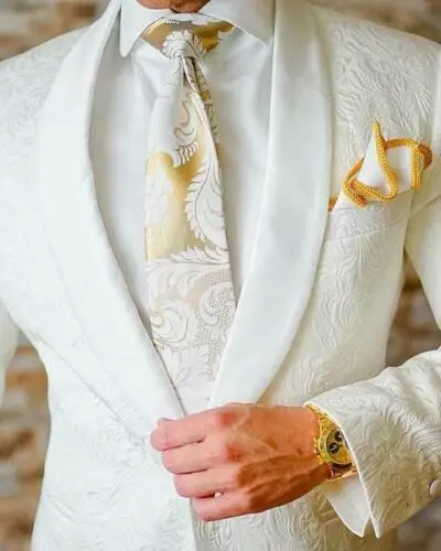 Men White Paisley Floral Shawl Lapel Suit Jacket Tuxedo Prom Wedding Suit Blazer