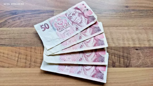 CZECH REPUBLIC: 5 x 50 Czech Republic Koruna Banknotes. Left over holiday money.