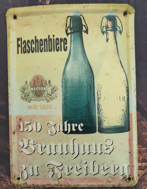 Werbung Reklame Blechschild Flaschenbiere 150 Jahre Brauhaus zu Freiberg rostig