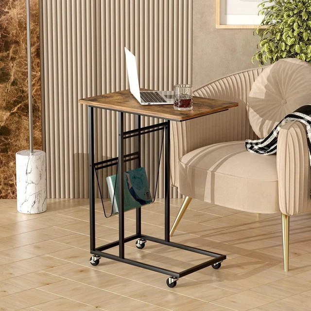 C Shaped Under Couch Table Laptop Side Table for Sofa Bedsid with Rolling Caster