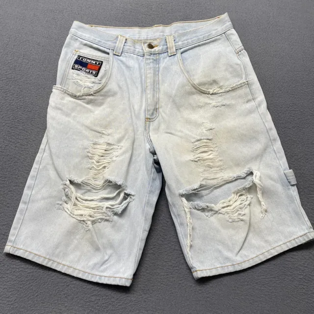 Vintage Tommy Hilfiger Shorts Mens 32 Blue Denim Distressed Baggy Skater Y2K 90s