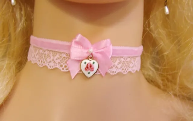 Any Size Choker Collar Pink Velvet Lace Heart Lolita Regency Victorian DDLG
