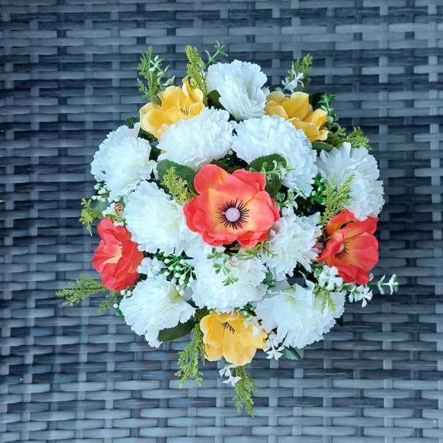 Orange Yellow Anemone & Cream Carnation | Artificial Flower Pot | Grave/Memorial