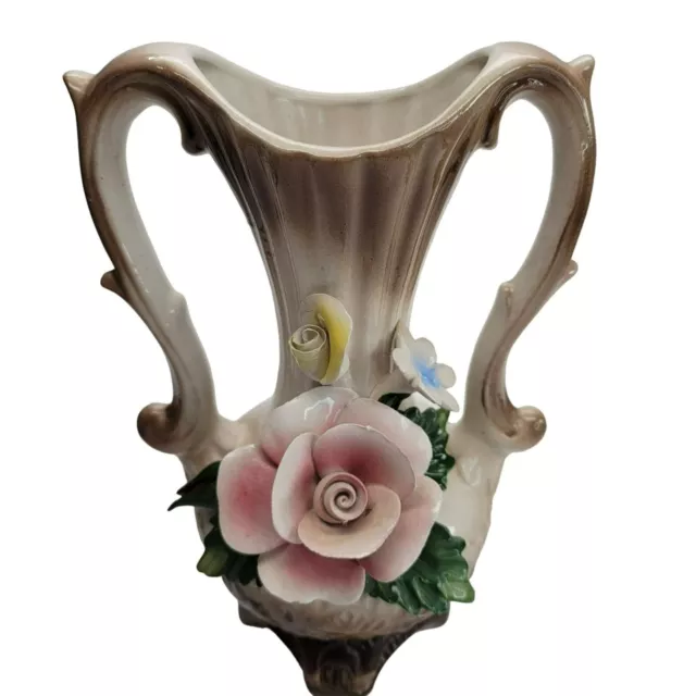 Vintage Nuova Capodimonte Double Handled Floral Vase Flowers Italy 8" PD107 2