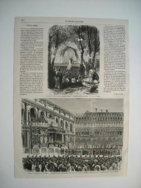 1868 Engraving. Venise Fetes. National Shooting Fetes. Distribution By Prince Hu