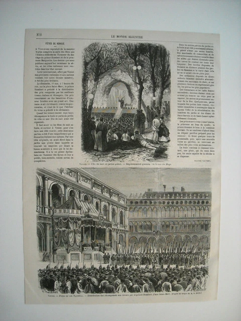 1868 Engraving. Venise Fetes. National Shooting Fetes. Distribution By Prince Hu