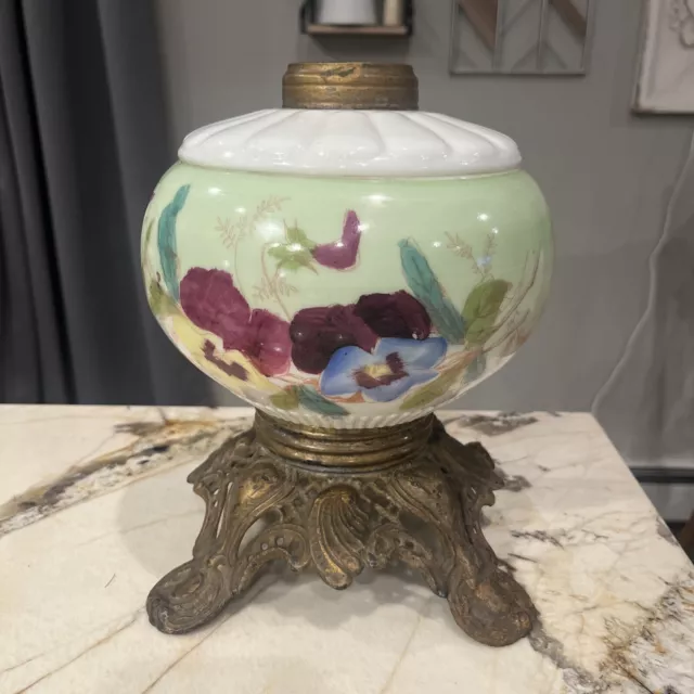 G-Victorian Hand Painted Milk Glass Floral Parlor Kerosene  Lamp