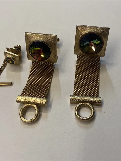 Vintage DANTE Gold Tone Mesh Watermelon Rivoli Glass Cuff Links + Pin Set
