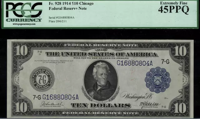 1914 $10 Federal Reserve Note Chicago FR-928 Graded PCGS 45PPQ - Extremely Fine