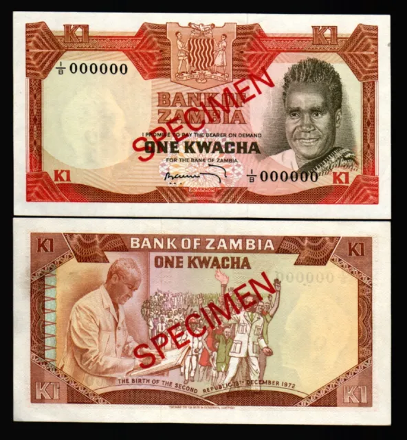 ZAMBIA 1 KWACHA P-16 1972 COMMEMORATIVE Kaunda UNC SPECIMEN AFRICA MONEY NOTE