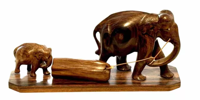 Vtg. Hand-Carved Wood Mother & Baby Elephant Moving A Log (G)