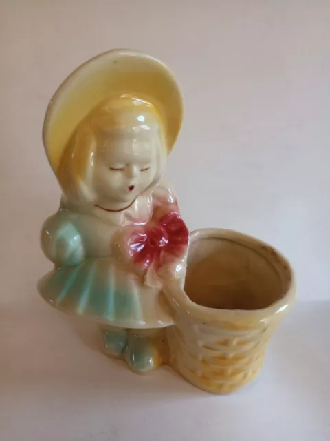 Vintage Shawnee Pottery Planter Girl Pink Bow Flower Basket # 534