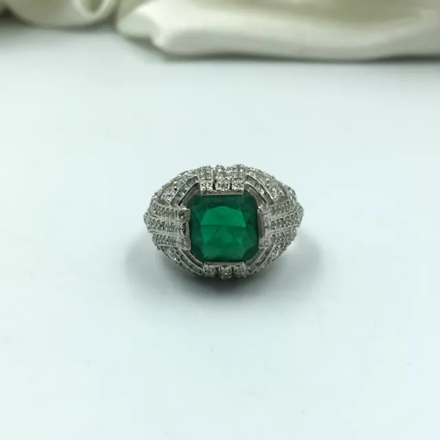 Art Deco Dome Design Green Emerald & White Cubic Zirconia Women Ring