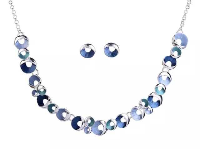 Schmuckset Damen Silber Halskette Collier Ohrringe Versilbert Blau Türkis Petrol