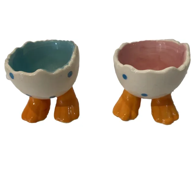 Set Of 2 Ceramic Egg Cups With Duck Feet Pastels Polka Dots Easter Spring Fun!