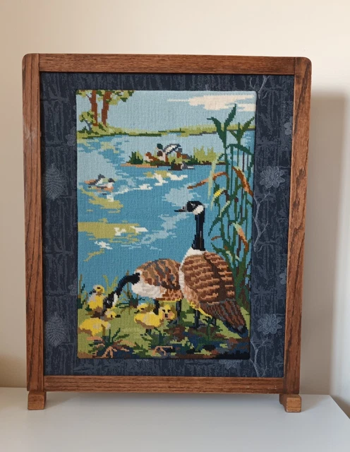 Vintage Holz Kamin Nadelarbeit Kreuzstich Kanada Gänse Goslings