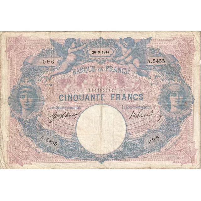 [#334524] France, 50 Francs, Bleu et Rose, 1914, A.5455, TTB, Fayette:14.27, KM: