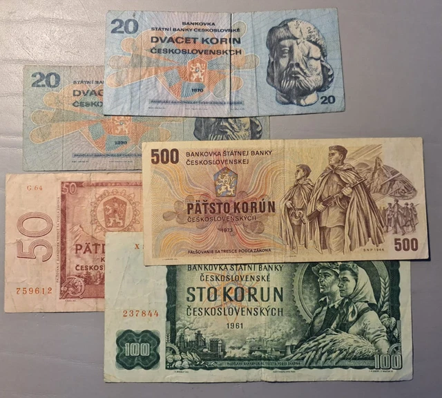 5x Czechoslovakia banknotes korun 20 20 50 100 500 korun 1973  job lot bundle