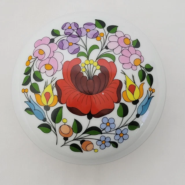 Kalocsa Hungary Porcelain Hand Painted Floral Covered Trinket Box Dish 5"