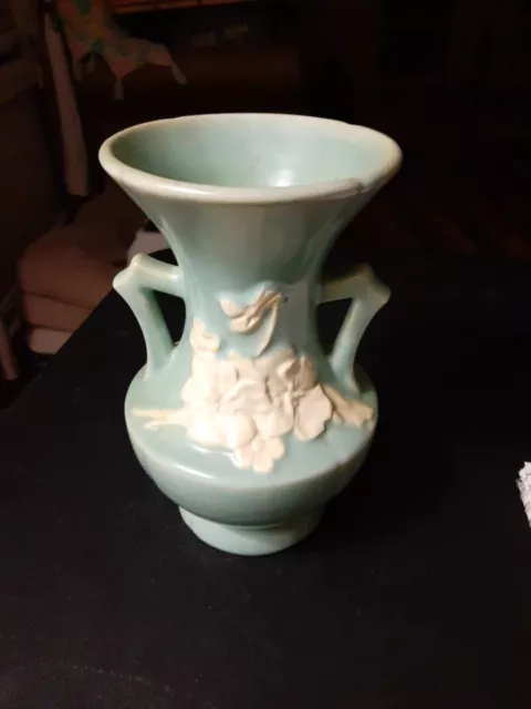 1930's Green Weller White Floral Blossom Double Handled Vase